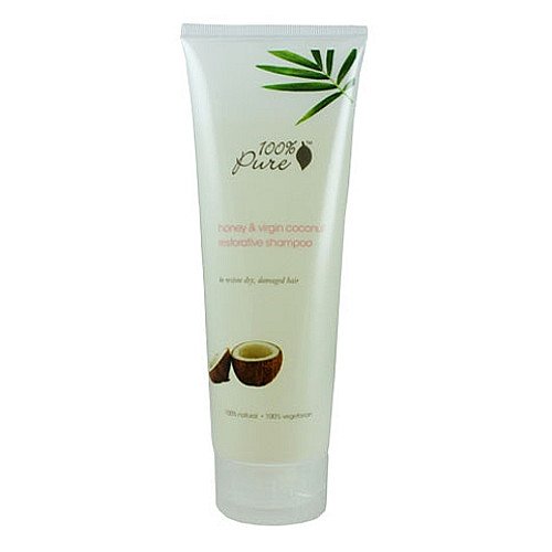100% Pure Organic Honey & Virgin Coconut Restorative Shampoo on white background