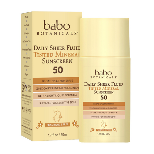 Babo Botanicals Daily Sheer Fluid SPF50 Tinted Mineral Sunscreen on white background