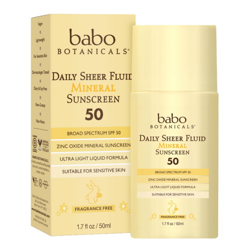 Babo Botanicals Daily Sheer Fluid SPF50 Tinted Mineral Sunscreen on white background