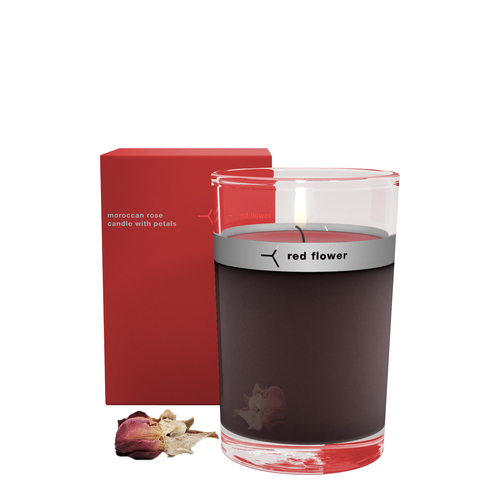 Red Flower Petal Topped Candle - French Lavender on white background