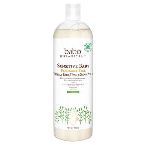 Babo Botanicals Sensitive Baby Fragrance Free Bubble Bath, Wash and Shampoo on white background