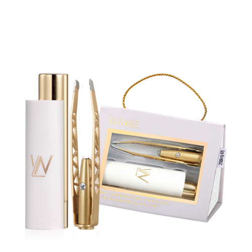 LaTweez Pro Illuminating Tweezers and Mirrored Carry Case 24k Gold Plated on white background