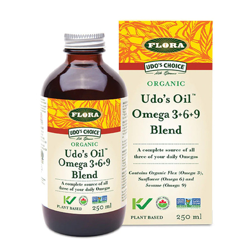 Flora Udos Oil Omega 3+6+9 Blend on white background