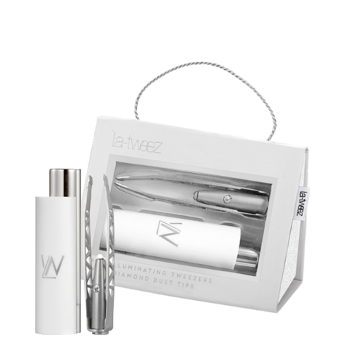 LaTweez Black Pro Illuminating Tweezers and Mirrored Carry Case With Diamond Dust Tips on white background