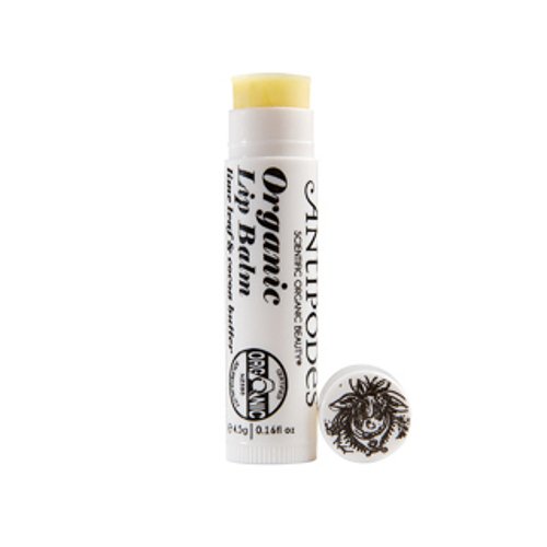 Antipodes  ORGANIC Lip Balm with Lime Leaf & Cocoa Butter on white background