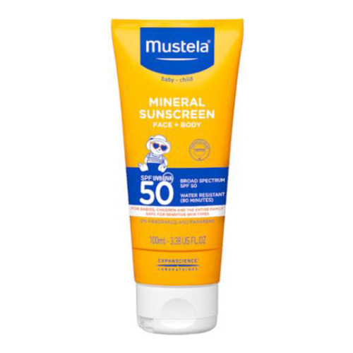 Mustela SPF 50 Mineral Sunscreen Lotion on white background