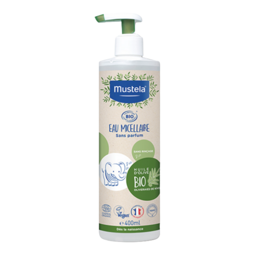 Mustela Organic Micellar Water with Olive Oil and Aloe on white background