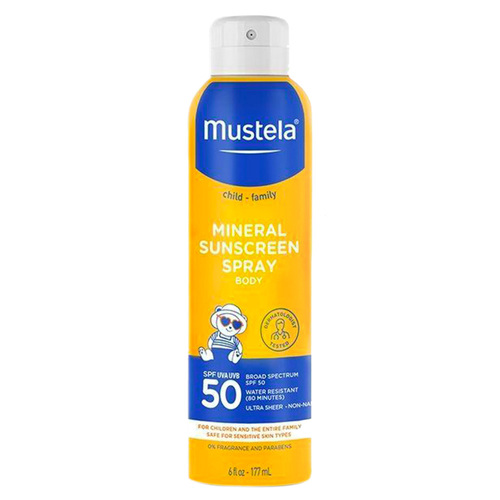 Mustela SPF 50 Mineral Sunscreen Spray on white background