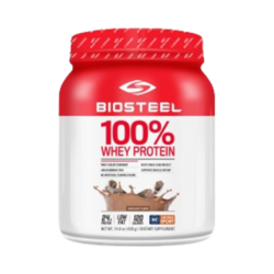 100% Whey Protein Chocolate on white background