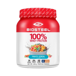 100% Whey Protein Fruity Cereal on white background