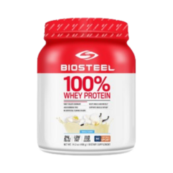 100% Whey Protein Vanilla on white background