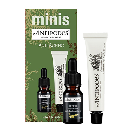 Antipodes Anti-ageing Minis - Joyous Night Replenishing Serum and Avocado Pear Nourishing Night Cream on white background