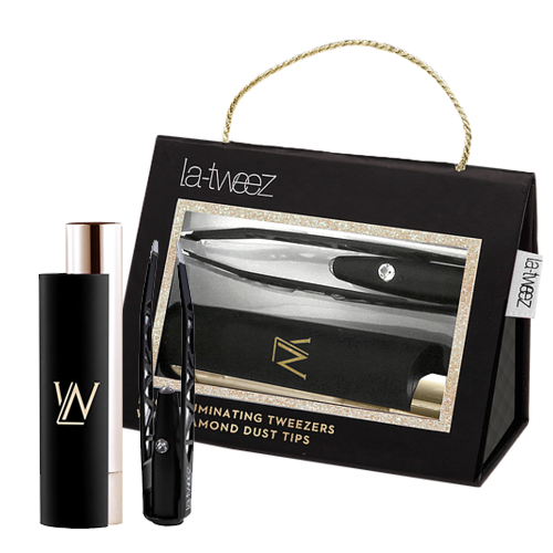 LaTweez Black Pro Illuminating Tweezers and Mirrored Carry Case With Diamond Dust Tips on white background