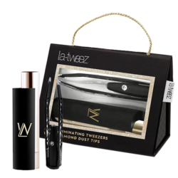 Black Pro Illuminating Tweezers and Mirrored Carry Case With Diamond Dust Tips