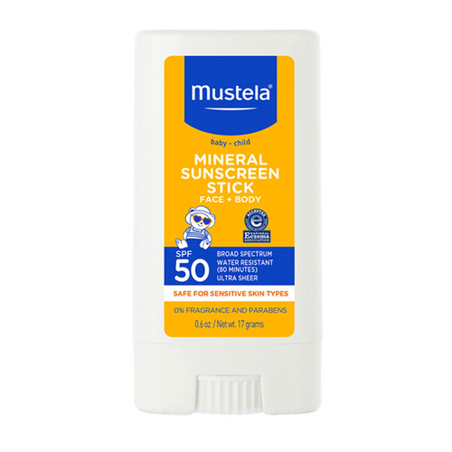 Mustela Broad Spectrum SPF 50 Mineral Sunscreen Stick on white background