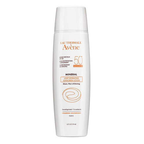 Avene Mineral Light Hydrating Sunscreen Lotion SPF 50+ Face and Body on white background