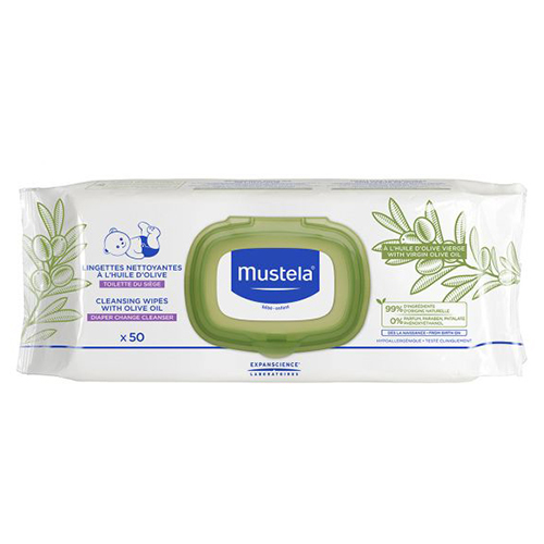 Mustela Cleansing Wipes with Olive Oil on white background