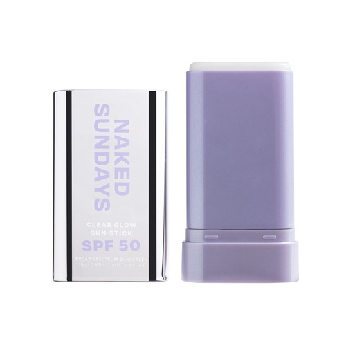 Naked Sundays Clear Glow Sun Stick SPF50 on white background