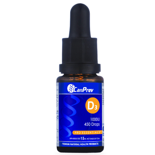 CanPrev D3 Drops 1000IU- MCT base on white background