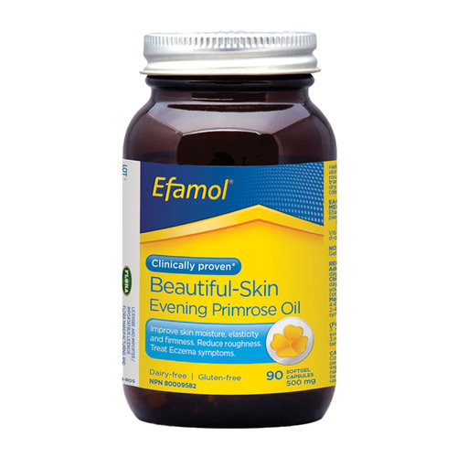 Flora Efamol Beautiful-Skin Evening Primrose Oil 500 mg on white background