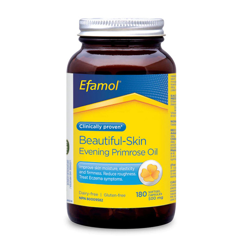 Flora Efamol Beautiful-Skin Evening Primrose Oil 500 mg on white background
