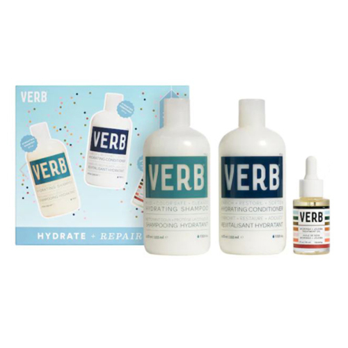Verb Hydrate + Repair Hair Kit on white background