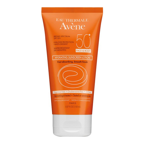 Avene Hydrating Sunscreen Lotion SPF 50+ (Face and Body) on white background