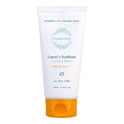 OxygenCeuticals Leports Sunblock SPF 50 +++ on white background