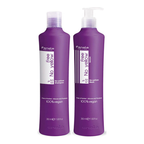 Fanola No Yellow Vegan Purple Shampoo + Mask Duo on white background
