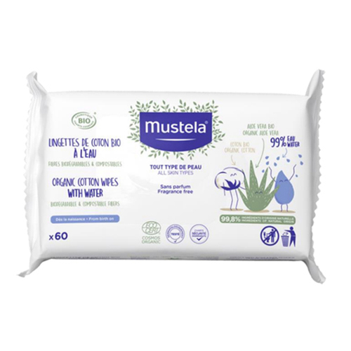 Mustela Organic Cotton Wipes with Water, 60 sheets