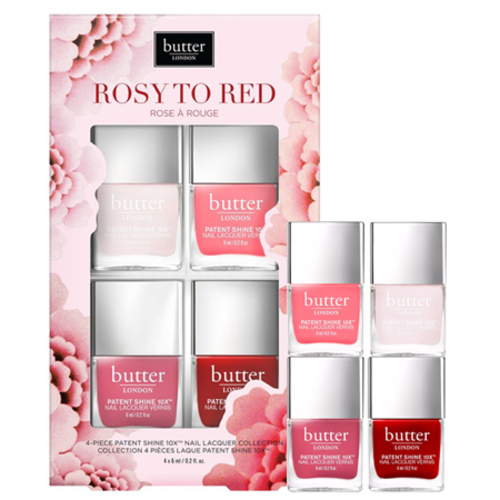 butter LONDON Patent Shine 10X Nail Lacquer Set - Rosy to Red on white background