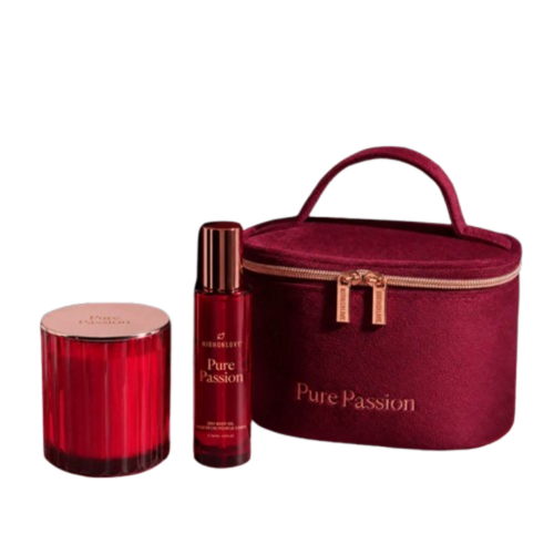 High on Love Pure Passion Candle and Dry Oil Gift Set on white background