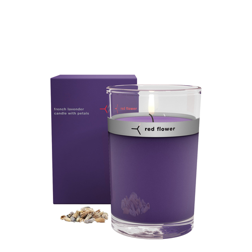 Red Flower Petal Topped Candle - French Lavender on white background
