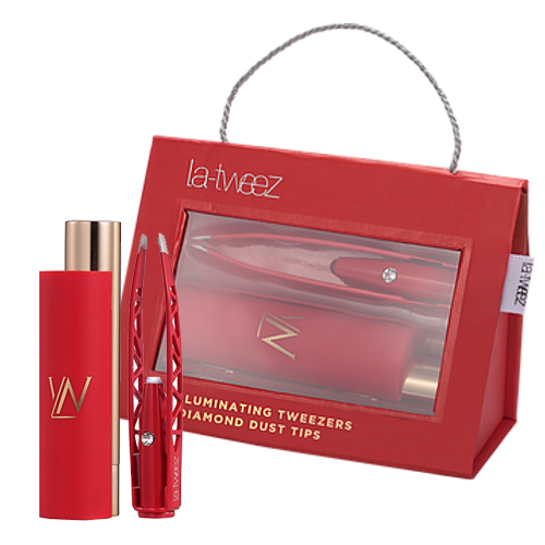 LaTweez Black Pro Illuminating Tweezers and Mirrored Carry Case With Diamond Dust Tips on white background