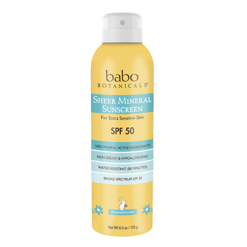 Babo Botanicals Sheer Mineral Sunscreen Spray - SPF 50 on white background