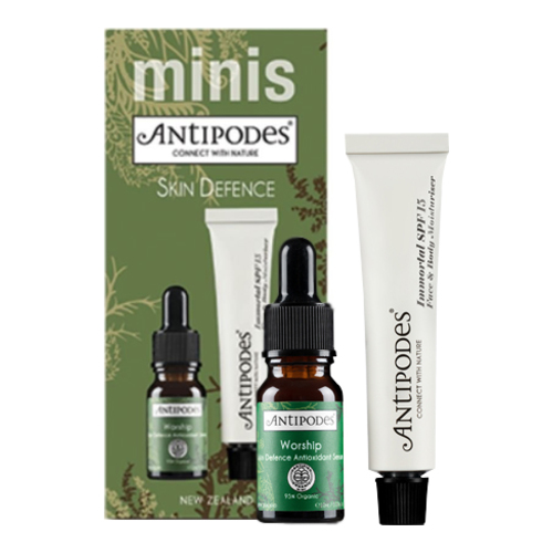 Antipodes Skin Defence Minis - Worship Antioxidant Serum and Immortal SPF15 on white background