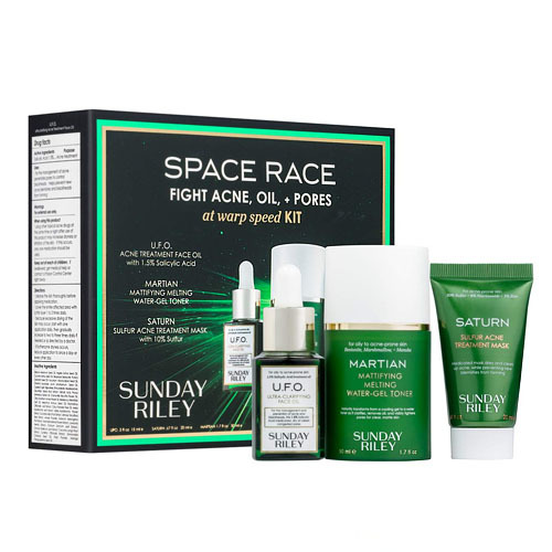 Sunday Riley Space Race Fight Acne, Oil, and Pores Kit on white background