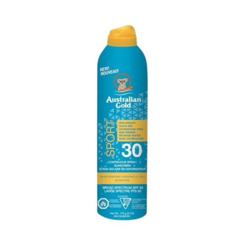 Australian Gold Sport Continuous Spray Sunscreen SPF 30 on white background