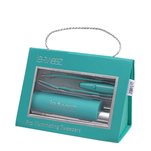 LaTweez Black Pro Illuminating Tweezers with Lipstick Case and Triangle Box on white background