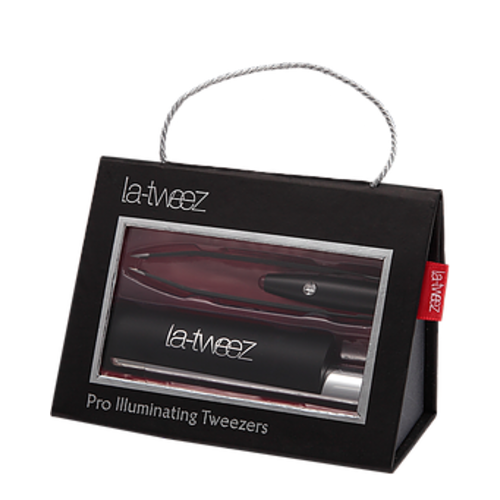 LaTweez Black Pro Illuminating Tweezers with Lipstick Case and Triangle Box on white background