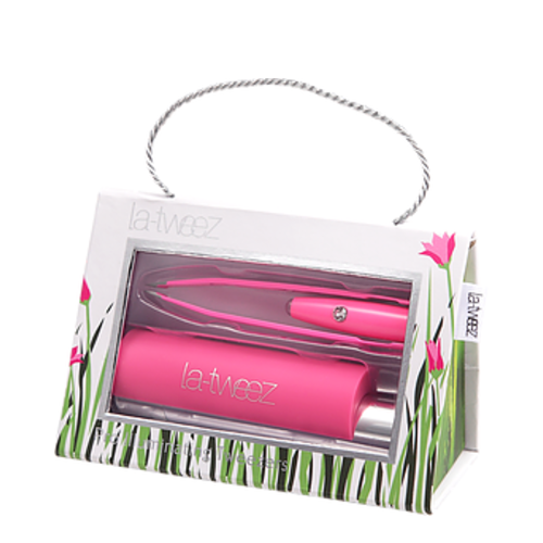 LaTweez Black Pro Illuminating Tweezers with Lipstick Case and Triangle Box on white background