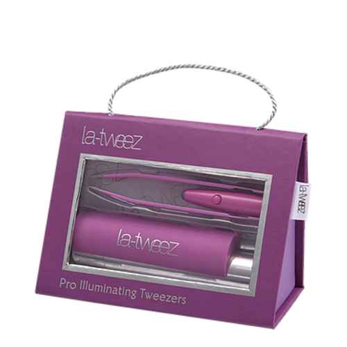 LaTweez Black Pro Illuminating Tweezers with Lipstick Case and Triangle Box on white background