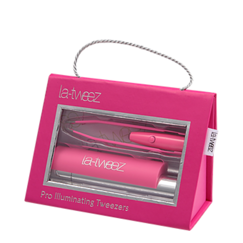 LaTweez Black Pro Illuminating Tweezers with Lipstick Case and Triangle Box on white background