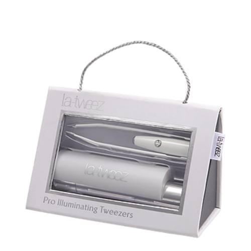 LaTweez Black Pro Illuminating Tweezers with Lipstick Case and Triangle Box on white background