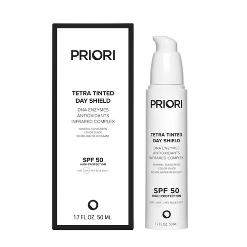 Priori Tetra Day Shield Tinted SPF 50, 50ml/1.7 fl oz Priori Tetra Day Shield Tinted SPF 50 on white background