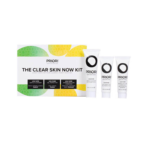 Priori The Clear Skin Now Kit (LCA Cleanser, Gel Perfector, Barrier Restore) on white background