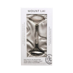 The Vitality Qi White Jade and Stainless Steel Dual Action Facial Roller on white background